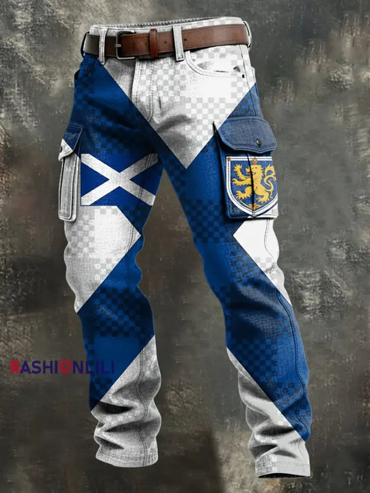 Men’s Scotland Football Lover Tartan Army Printed Pocket Cargo Pants Blue / S