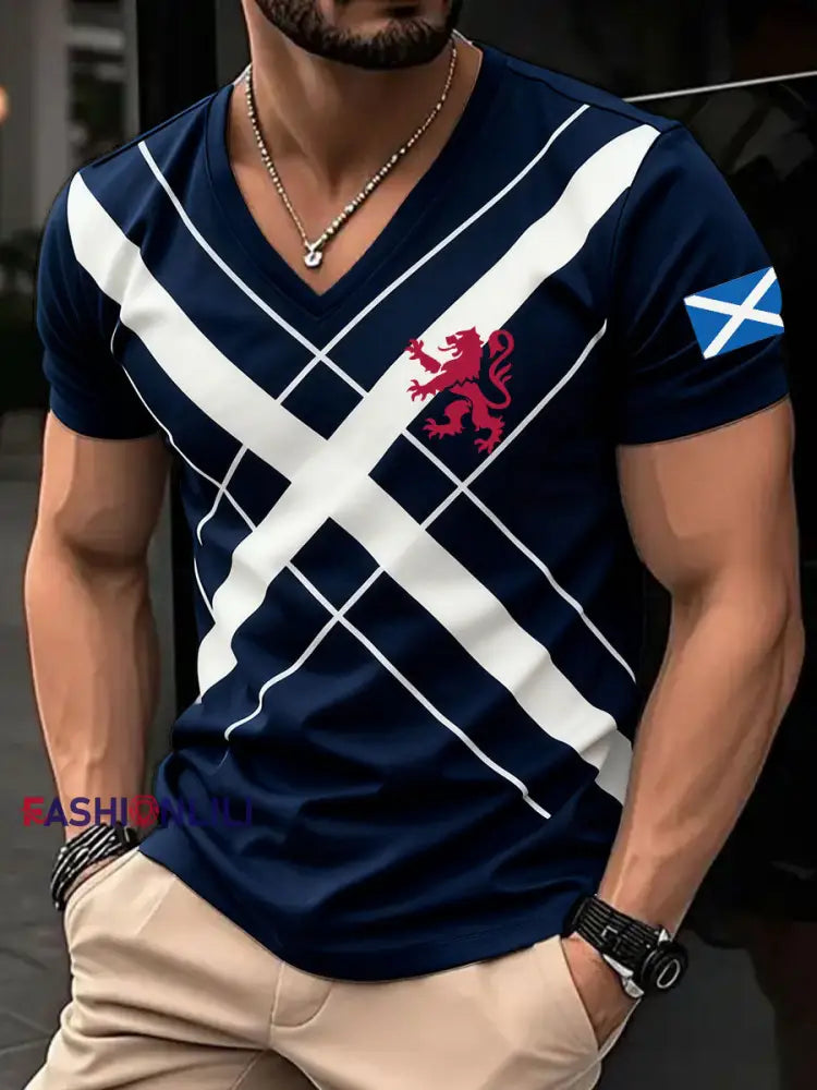 Men’s Scotland Football Lover Tartan Army Printed V-neck T-shirt Navy Blue / S