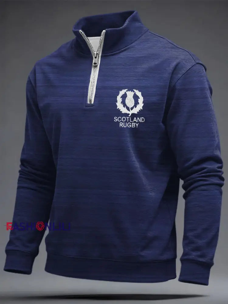 Men’s Scotland Rugby Lover Printed Zip-Up Sweatshirt Navy Blue / S