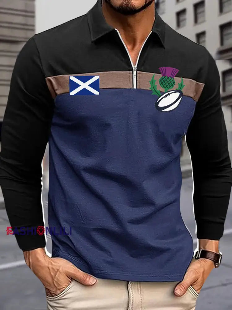 Men’s Scotland Rugby Lover Printed Zip-Up Tops Black / S