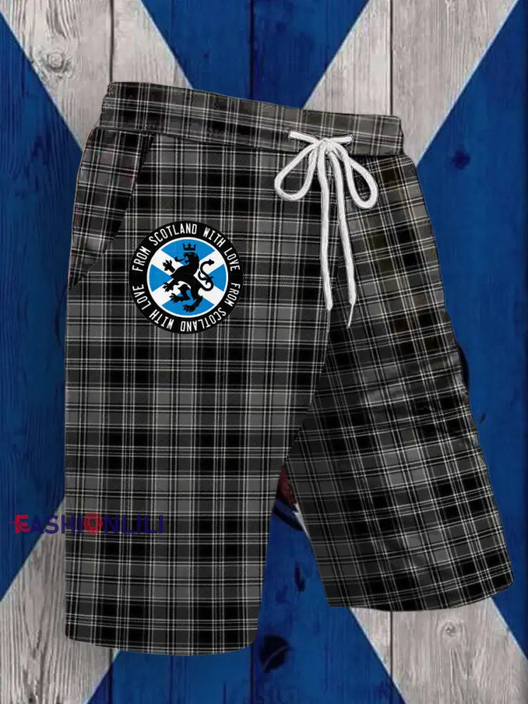 Men’s Scotland Tartan Printed Drawstring Shorts Black And White / S