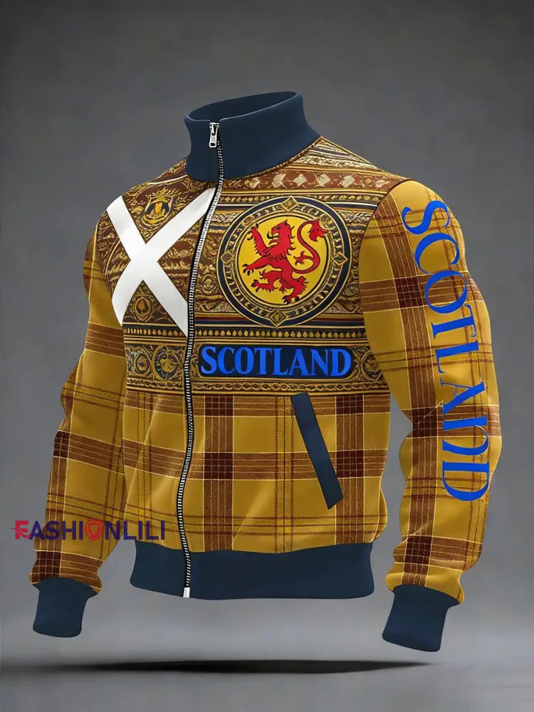 Men’s Scotland We’ll Be Coming 2026 Football Lover Casual Zip-Up Stand Collar Jacket Yellow / S