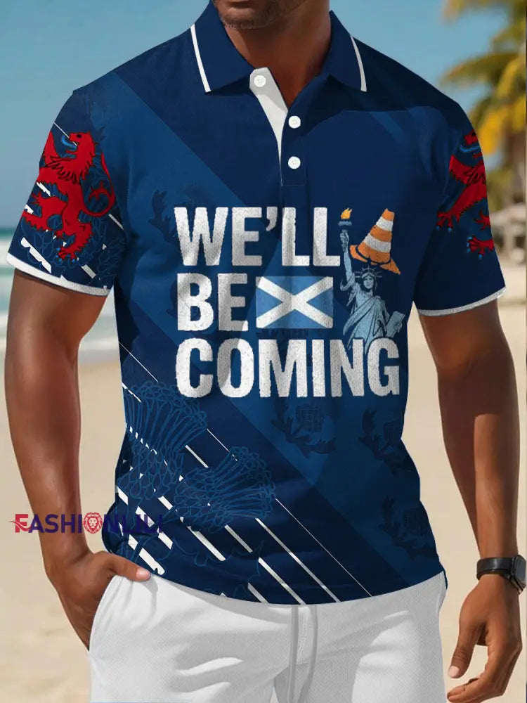 Men’s Scotland We’ll Be Coming 2026 Football Lover Printed Casual Tops Navy Blue / S
