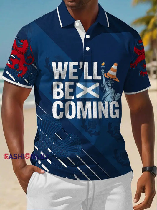 Men’s Scotland We’ll Be Coming 2026 Football Lover Printed Casual Tops Navy Blue / S