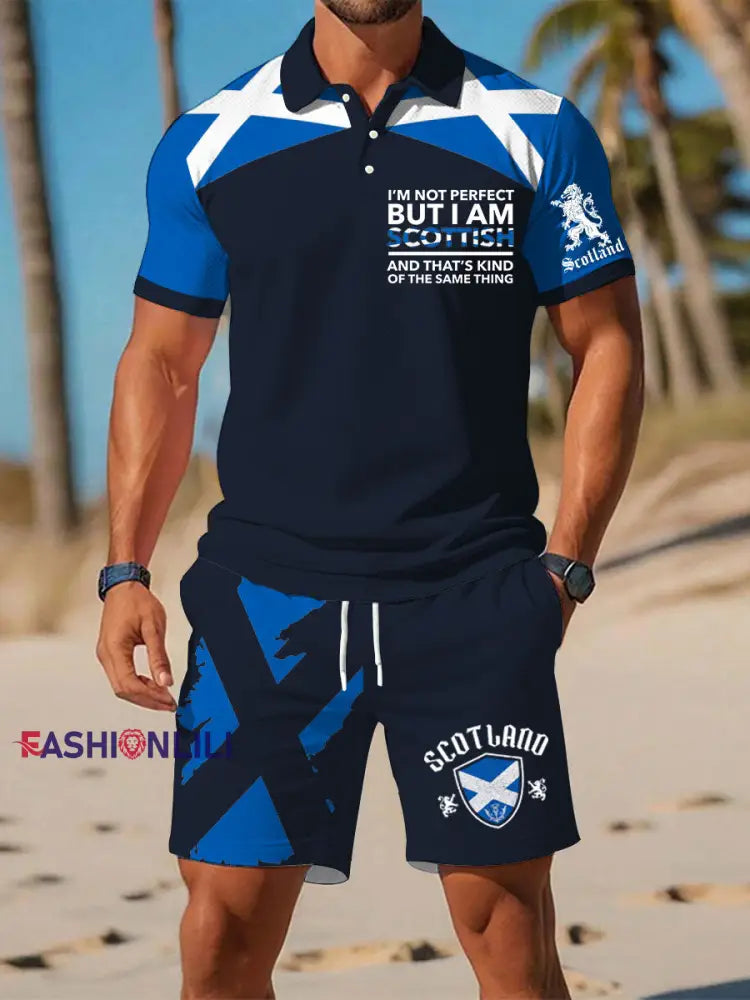 Men’s Scottish Flag Short Sleeves Sets Navy Blue / S