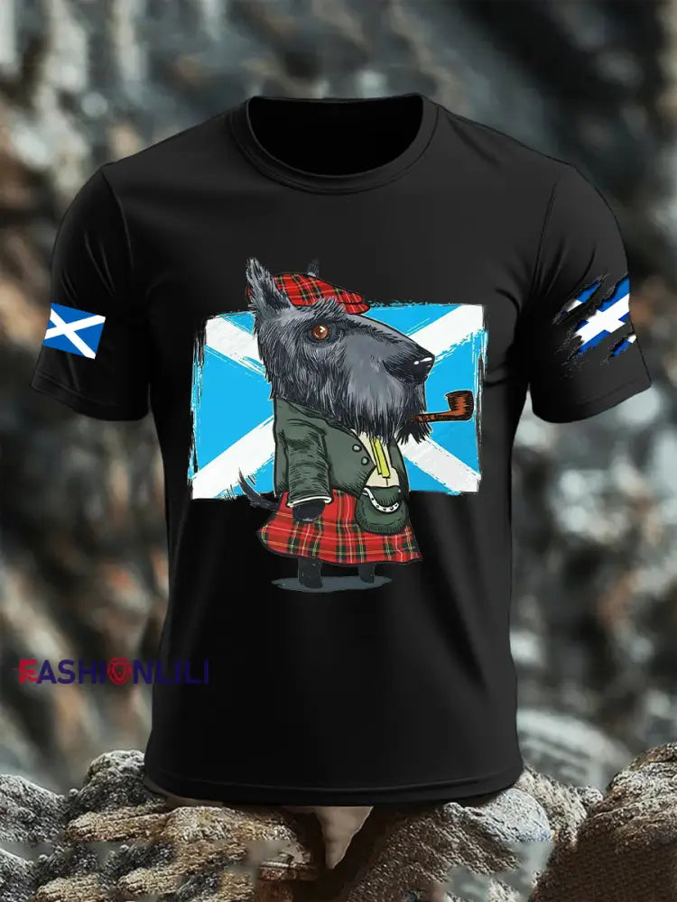 Men’s Scottish Flag Scottish Terrier Short Sleeve T-shirt Black / S