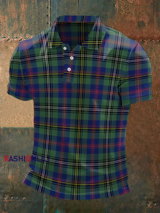 Men’s Scottish Tartan Print Casual Top Blue-Green-Purple / S