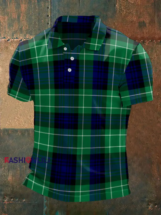 Men’s Scottish Tartan Print Casual Top Green / S