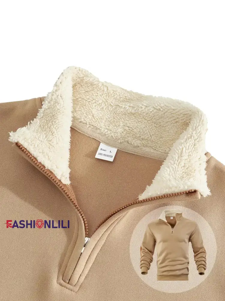 Men’s Solid Color Half-Zip Fur Collar Pullover