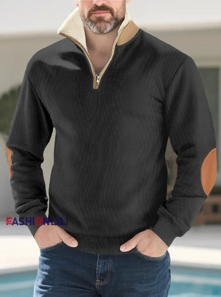Men’s Solid Color Half-Zip Fur Collar Pullover Black / S
