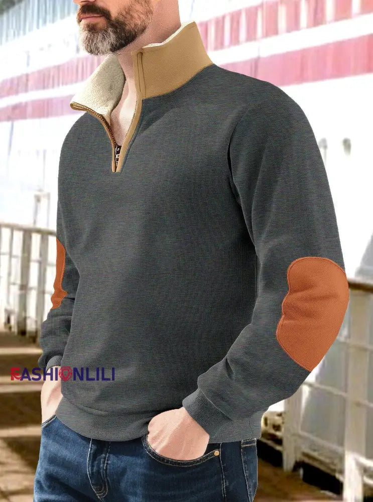 Men’s Solid Color Half-Zip Fur Collar Pullover Dark Gray / S