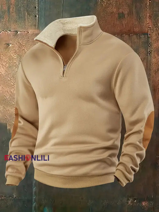 Men’s Solid Color Half-Zip Fur Collar Pullover Khaki / S