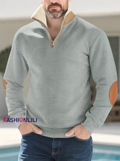 Men’s Solid Color Half-Zip Fur Collar Pullover Light Gray / S