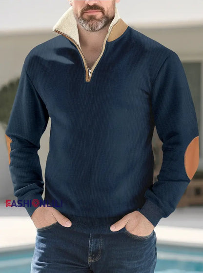 Men’s Solid Color Half-Zip Fur Collar Pullover Navy Blue / S