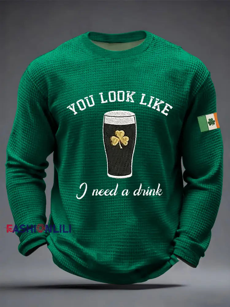 Men’s St Patrick’s Day Shamrock Waffle Long Sleeve T-Shirt Dark Green / S