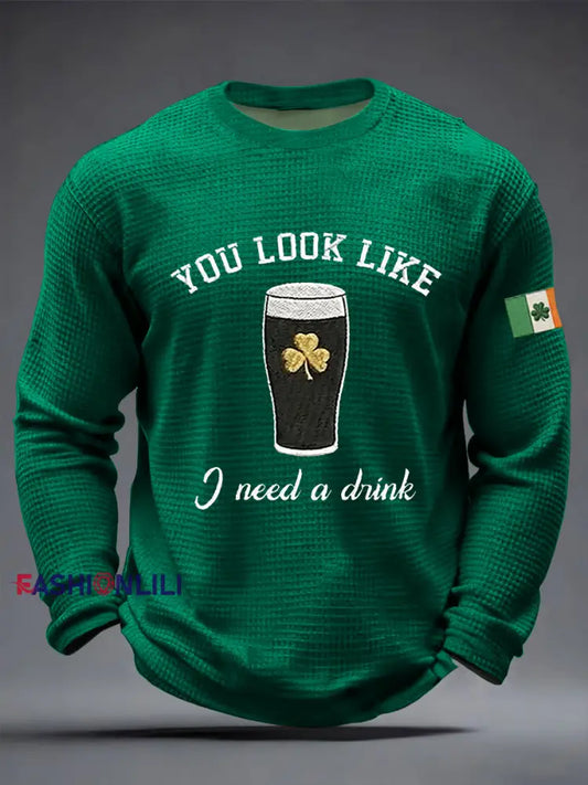 Men’s St Patrick’s Day Shamrock Waffle Long Sleeve T-Shirt Dark Green / S