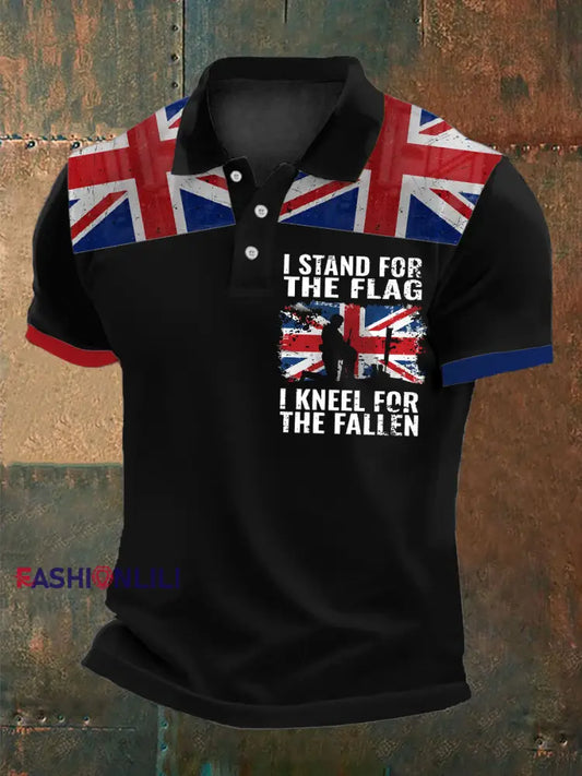 Men’s Stand For The Flag Kneel For The Fallen British Printed Polo Shirt Black / S