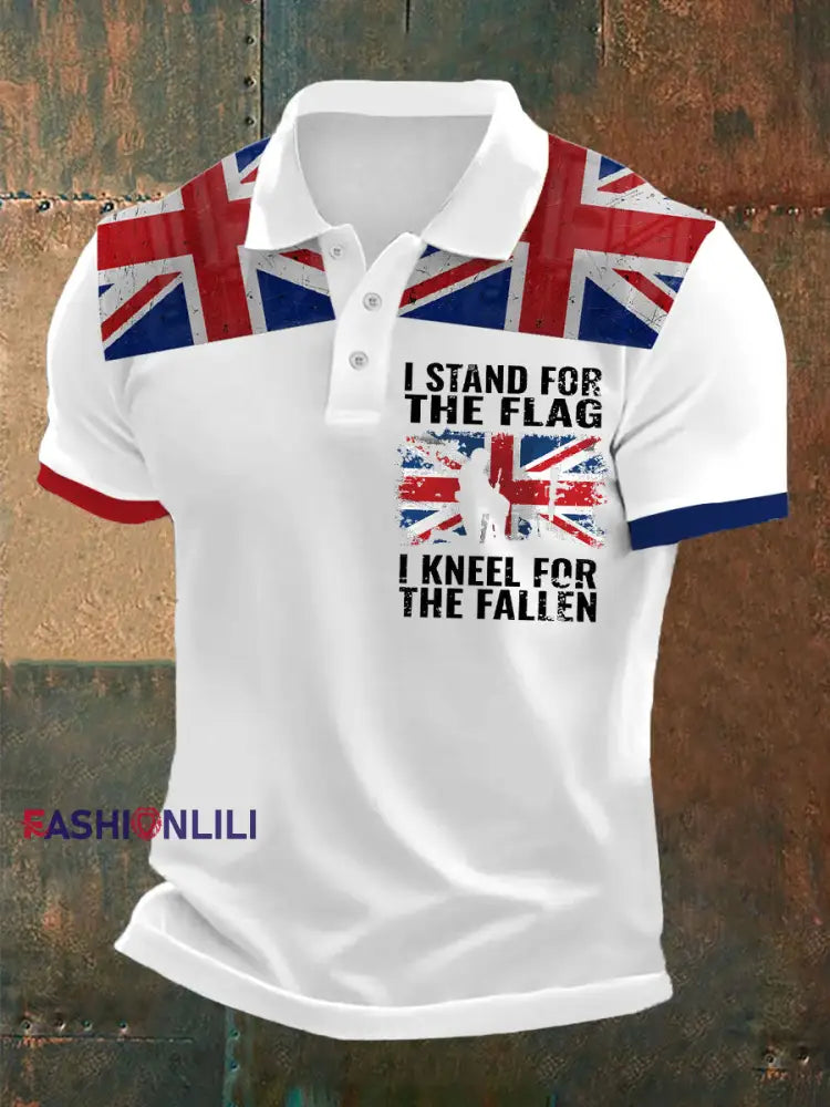 Men’s Stand For The Flag Kneel For The Fallen British Printed Polo Shirt White / S