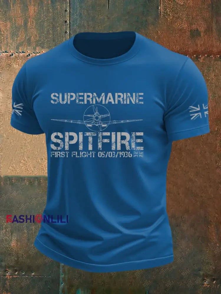 Men’s Supermarine Spitfire Veteran RAF imitation cotton short sleeved T shirt Blue / S