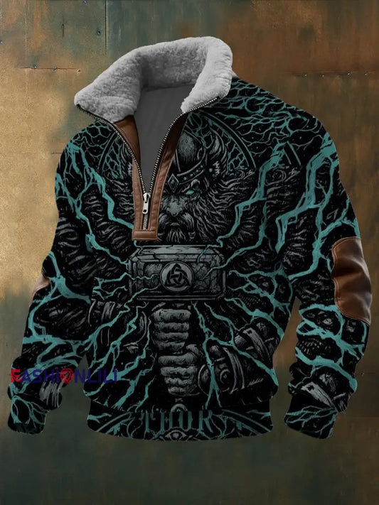 Men’s Thor & Lightning Print Sherpa - Lined Zip Sweatshirt Multicolour / S