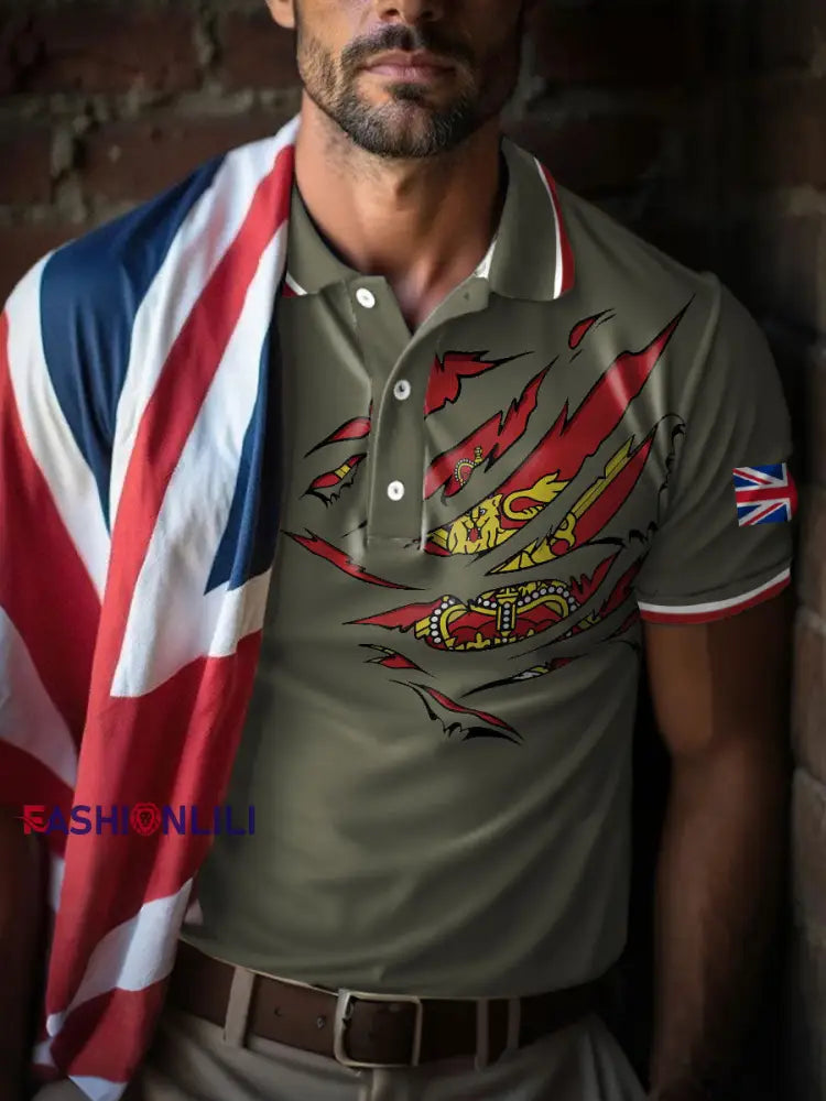 Men’s UK Flag Art Printed Casual Tops Army Green / S
