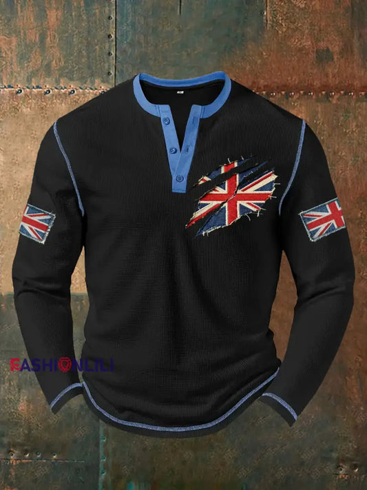 Men’s UK Flag Art Printed Casual Tops Black / S