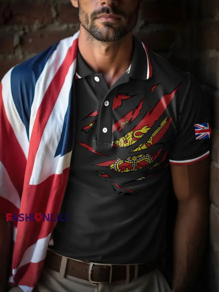 Men’s UK Flag Art Printed Casual Tops Black / S