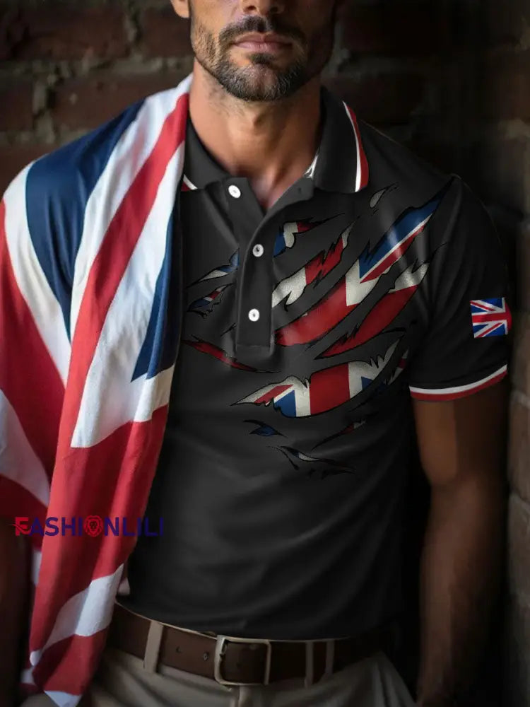 Men’s UK Flag Art Printed Casual Tops Black / S