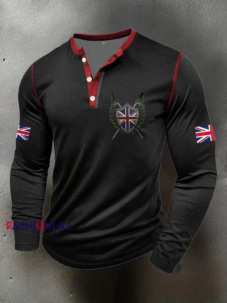 Men’s UK Flag Art Printed Casual Tops Black / S