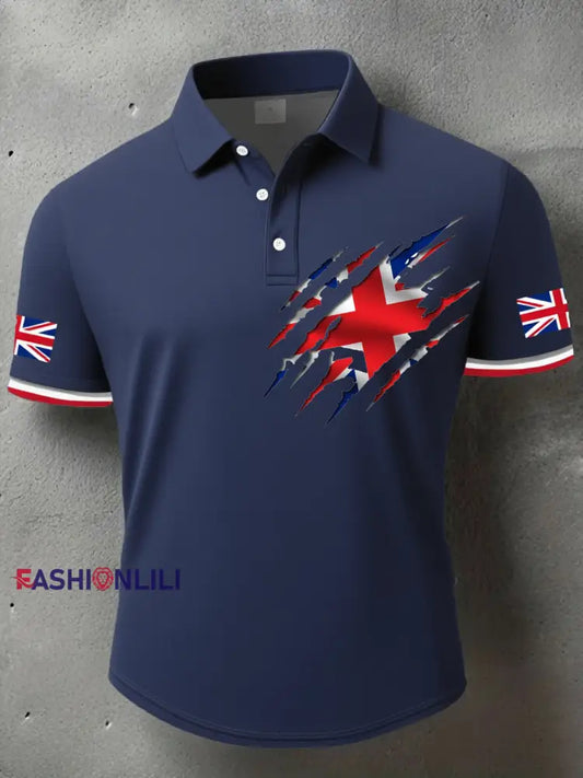 Men’s UK Flag Art Printed Casual Tops Dark Blue / S