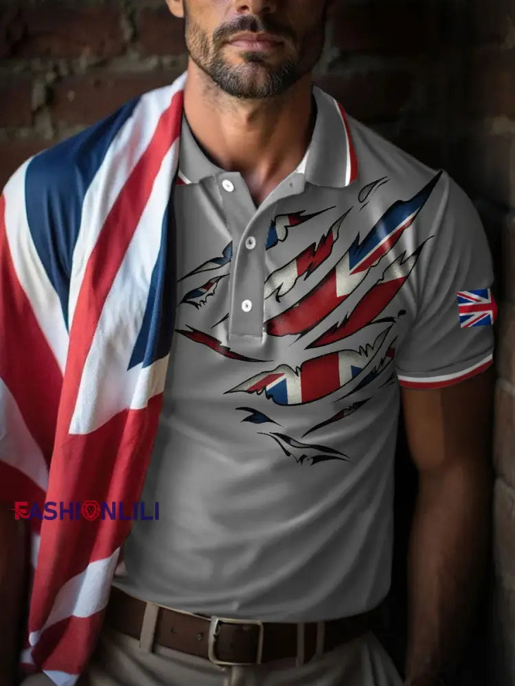 Men’s UK Flag Art Printed Casual Tops Light Gray / S