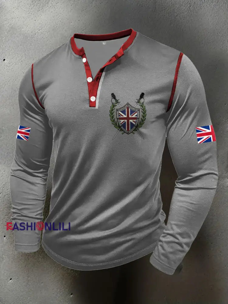 Men’s UK Flag Art Printed Casual Tops Light Gray / S