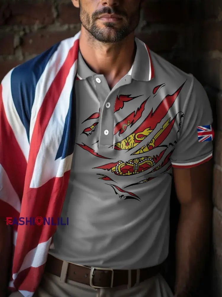 Men’s UK Flag Art Printed Casual Tops Light Gray / S