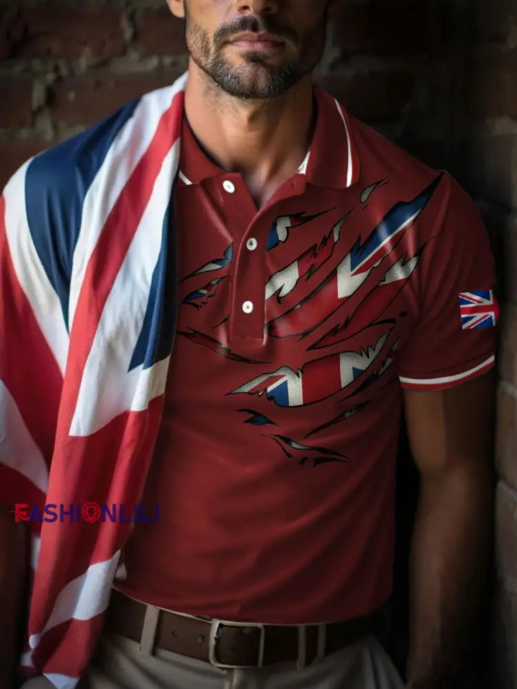 Men’s UK Flag Art Printed Casual Tops Red / S
