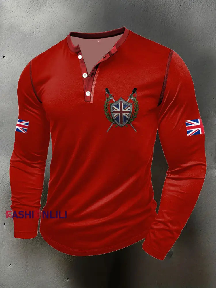 Men’s UK Flag Art Printed Casual Tops Red / S