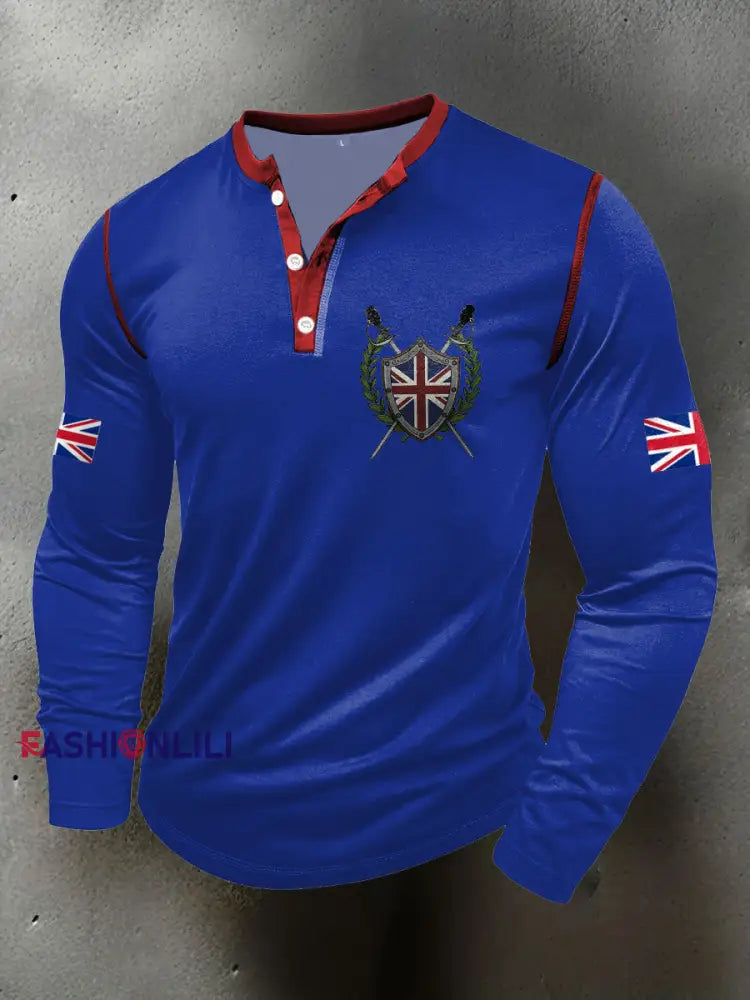 Men’s UK Flag Art Printed Casual Tops Royal Blue / S
