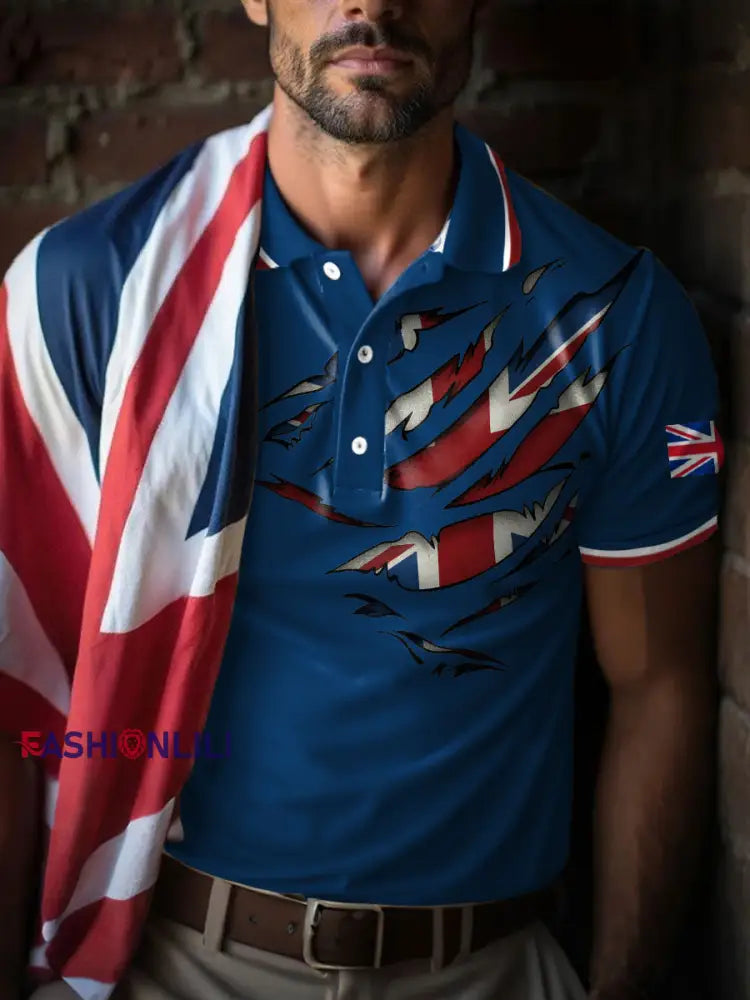 Men’s UK Flag Art Printed Casual Tops Royal Blue / S