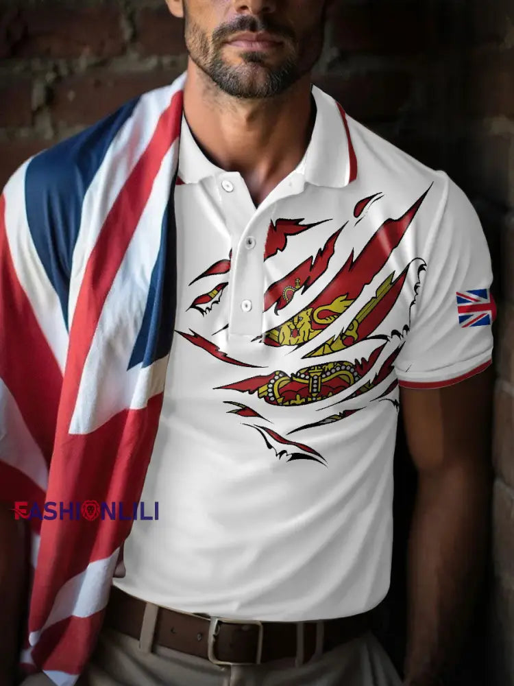 Men’s UK Flag Art Printed Casual Tops White / S