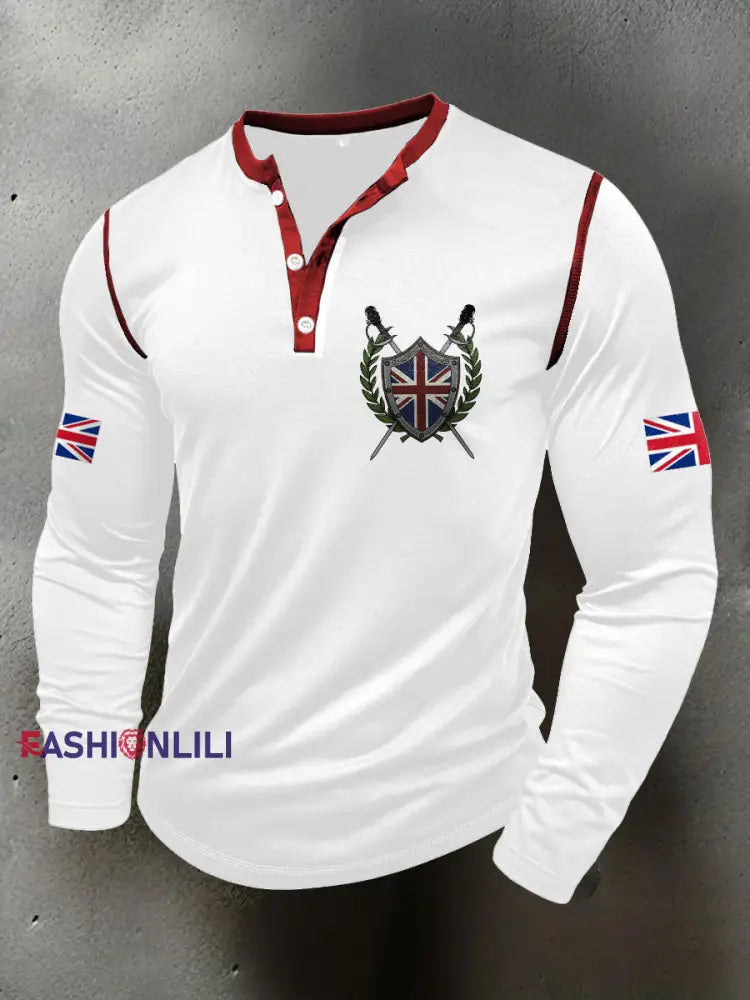 Men’s UK Flag Art Printed Casual Tops White / S