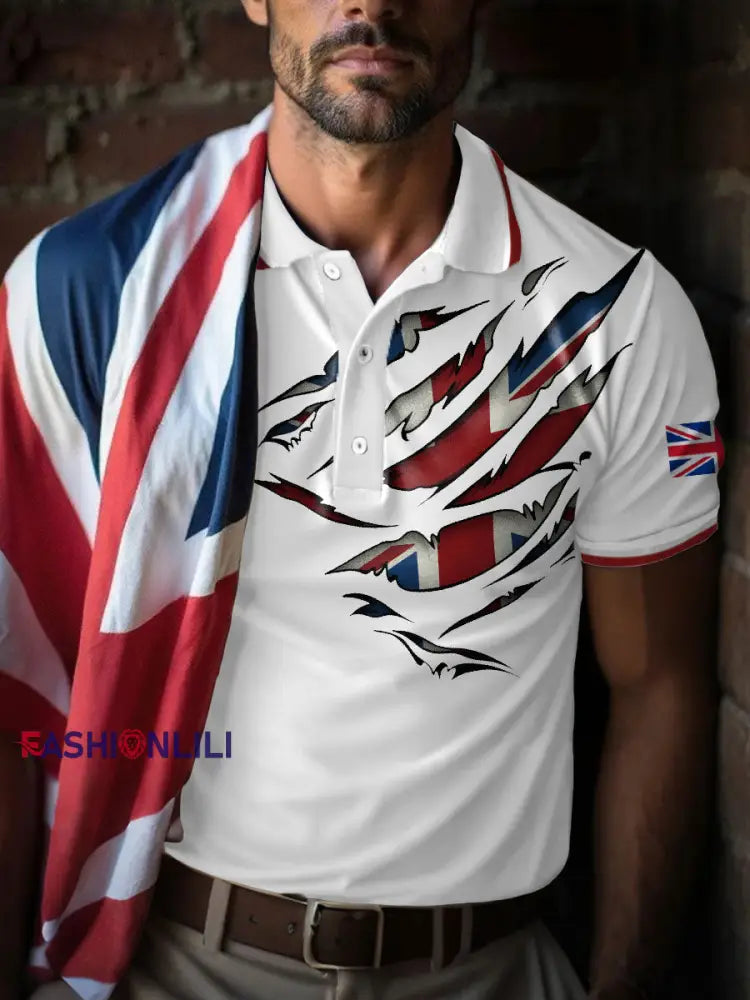 Men’s UK Flag Art Printed Casual Tops White / S