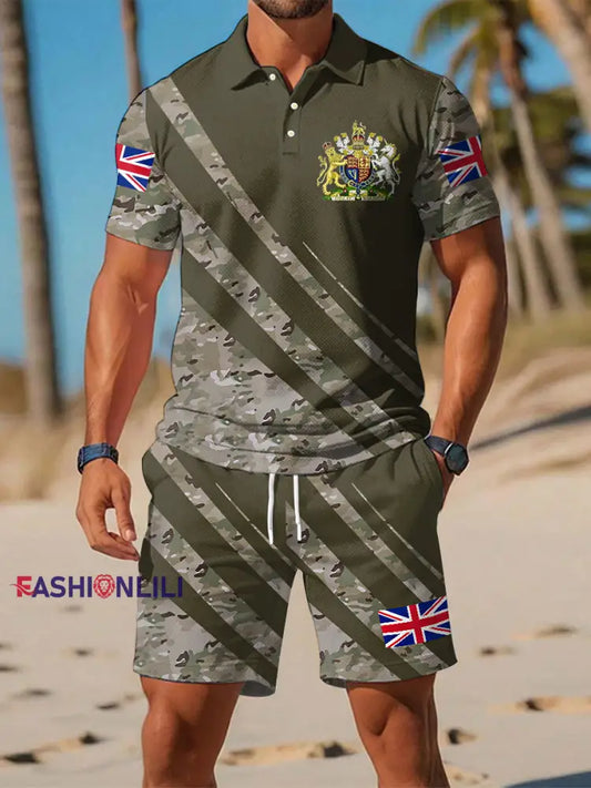 Men’s UK Flag Camouflage Print Casual Two-Piece Set Army Green / S