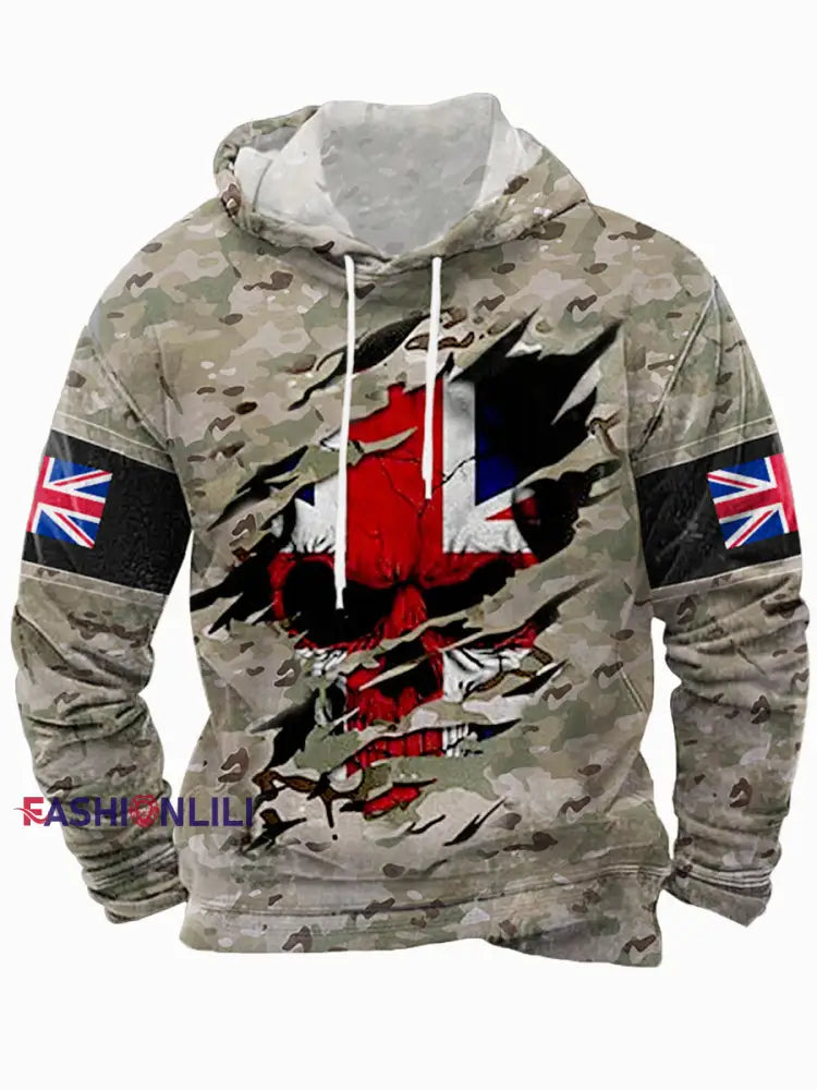 Men’s UK Flag Camouflage Skull Print Casual Hoodie