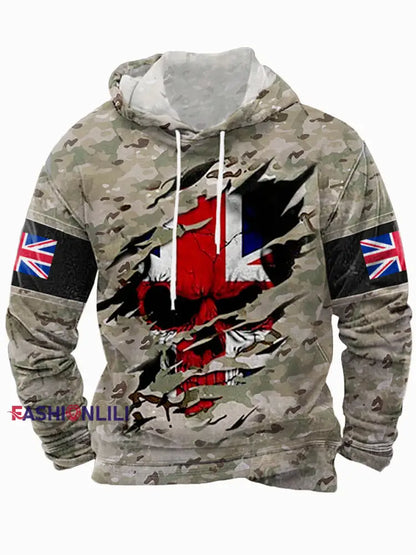 Men’s UK Flag Camouflage Skull Print Casual Hoodie