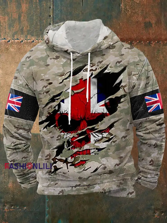 Men’s UK Flag Camouflage Skull Print Casual Hoodie Camouflage / S