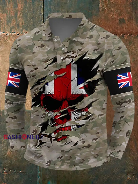 Men’s UK Flag Camouflage Skull Print Casual Long-Sleeve Top Camouflage / S