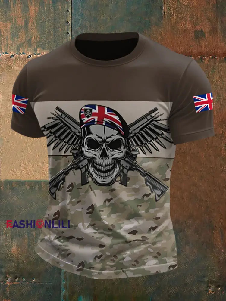 Men’s UK Flag Camouflage Skull Print Casual Tee Brown / S