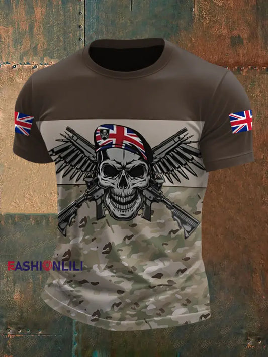 Men’s UK Flag Camouflage Skull Print Casual Tee Brown / S