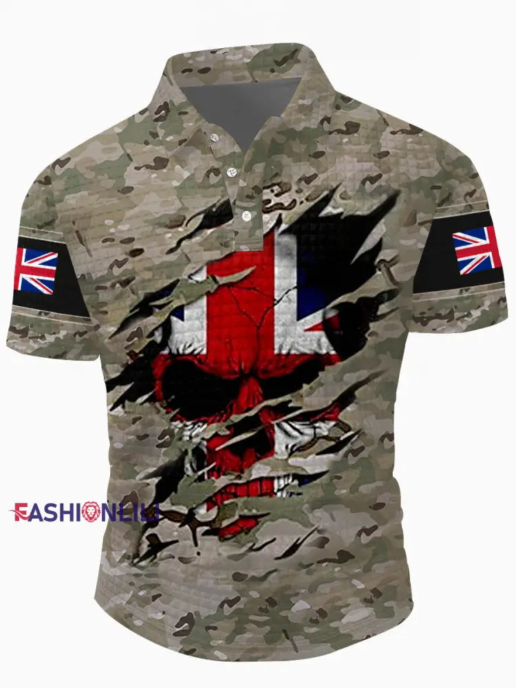 Men’s UK Flag Camouflage Skull Print Casual Waffle Top