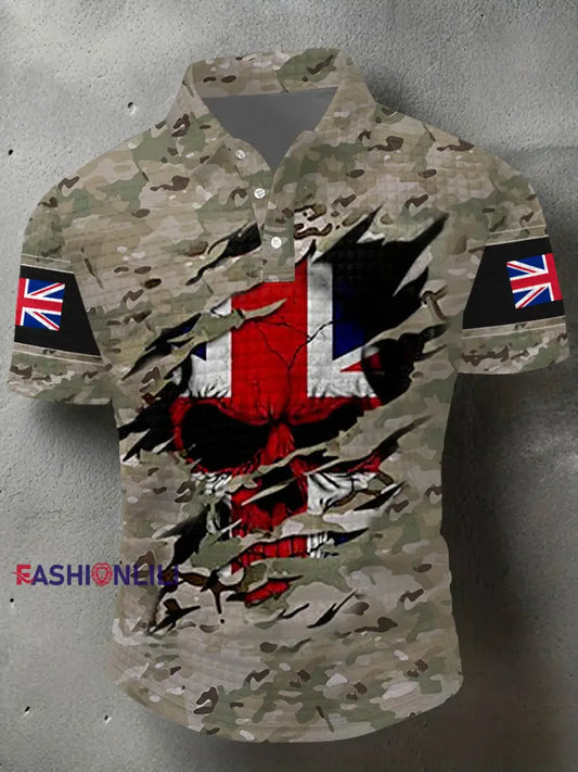 Men’s UK Flag Camouflage Skull Print Casual Waffle Top