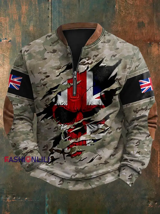 Men’s UK Flag Camouflage Skull Print Casual Zipper Pullover Camouflage / S